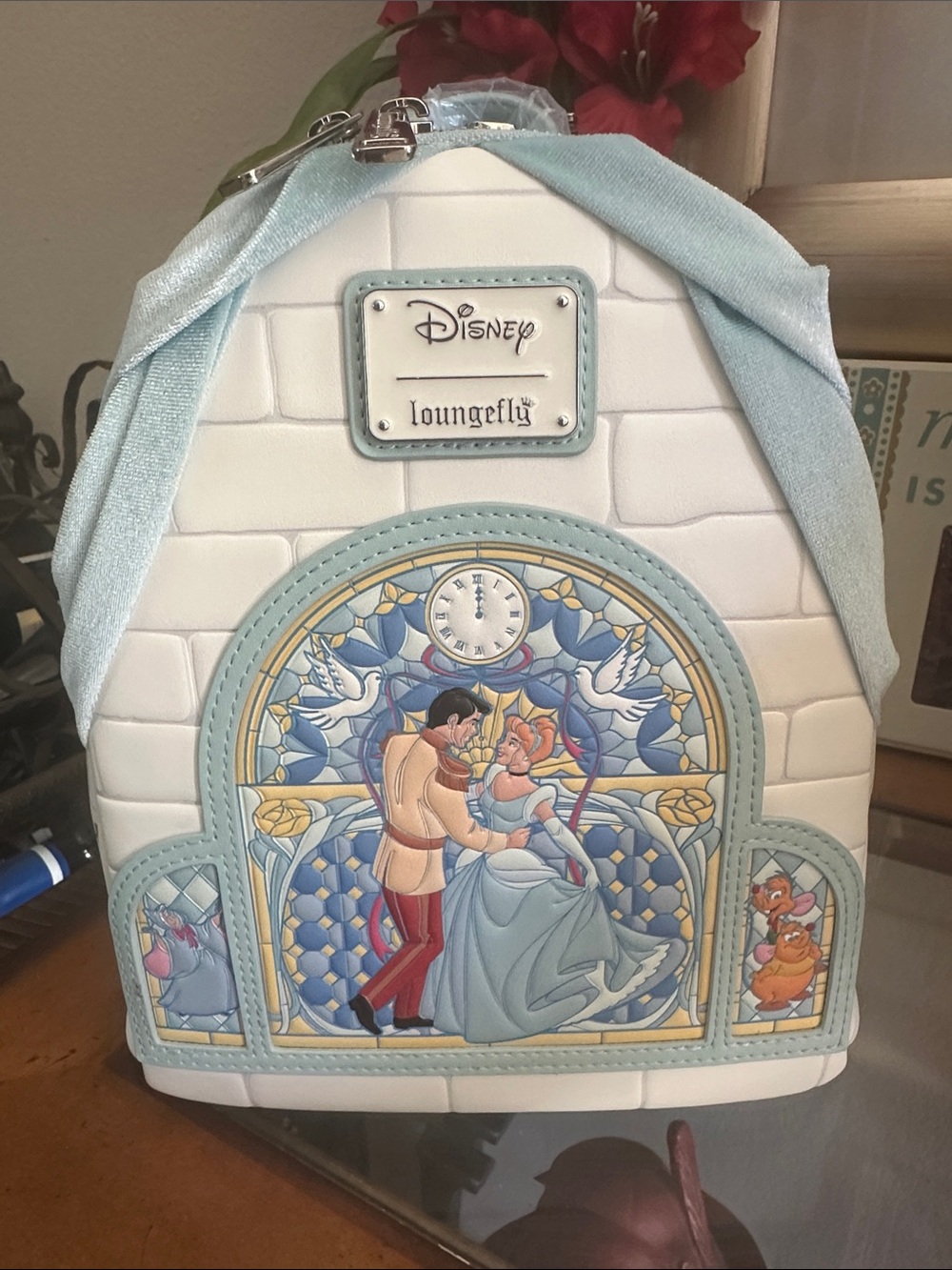 Loungefly White & Light Blue Cinderella Stained Glass Mini Backpack curtain NWT
